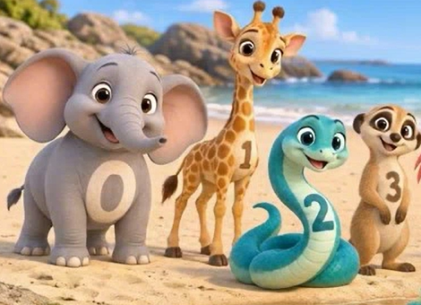 Rocco the elephant with Kwan the number 1 giraffe, Lou the number 2 snake, and the number 3 meerkat.