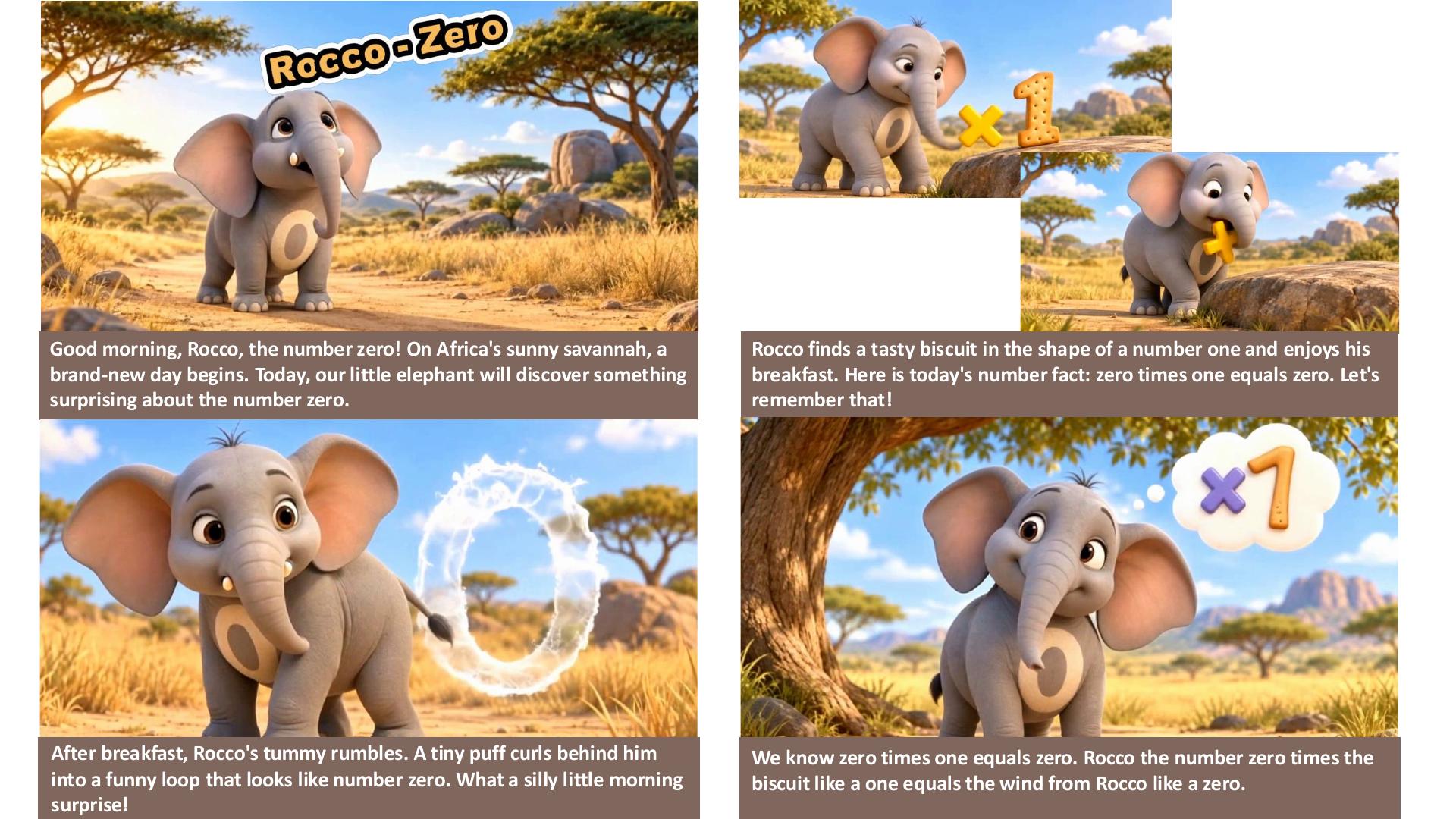 Page 1: Rocco starts his day on the savannah and finds a biscuit shaped like the number one.