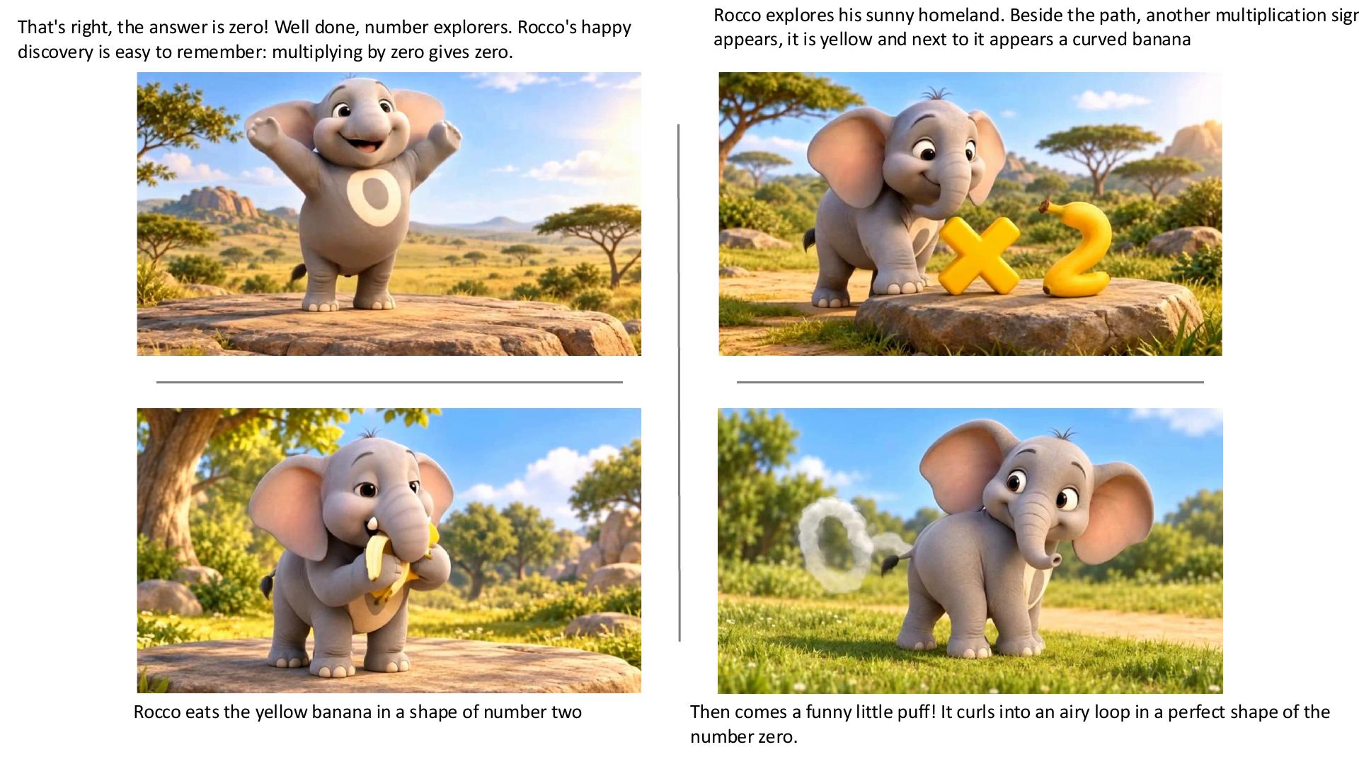 Page 2: Rocco discovers that zero times one equals zero, then finds a banana shaped like the number two.