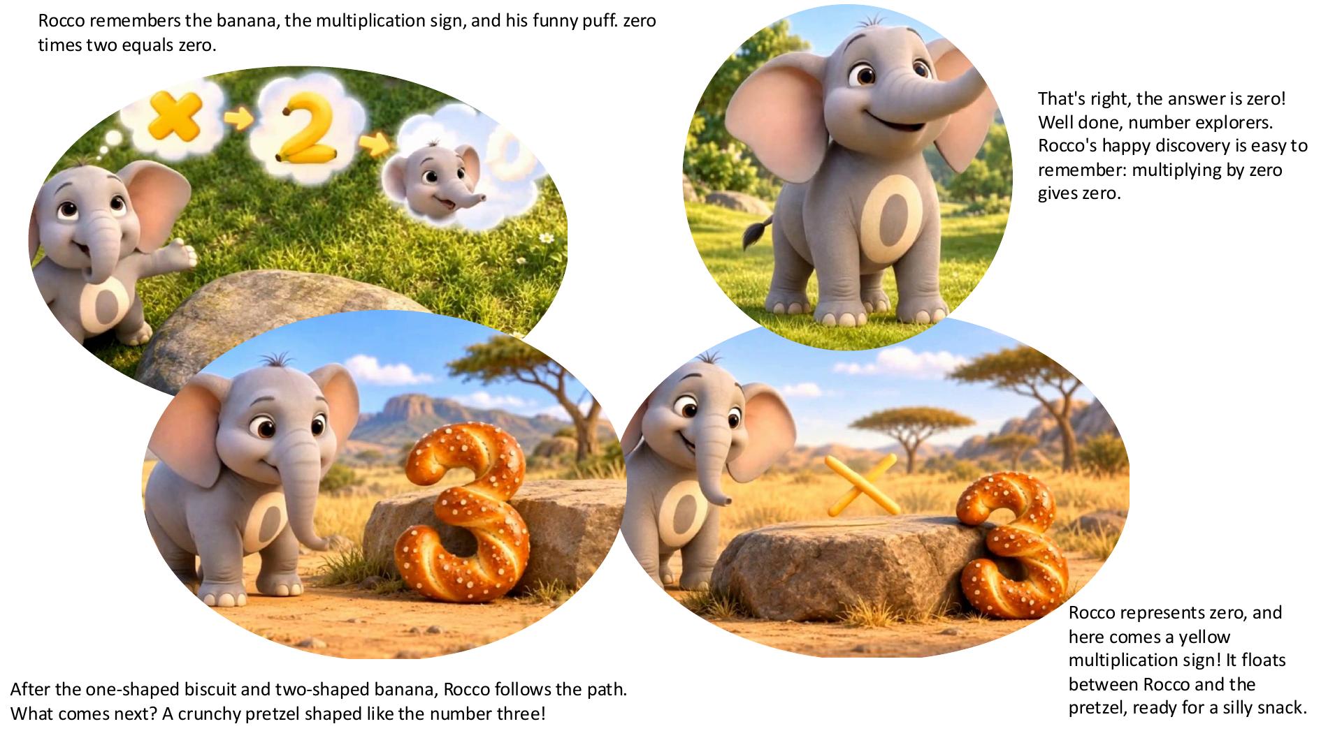 Page 3: Rocco eats the two-shaped banana and remembers that zero times two equals zero. He then finds a pretzel shaped like three.