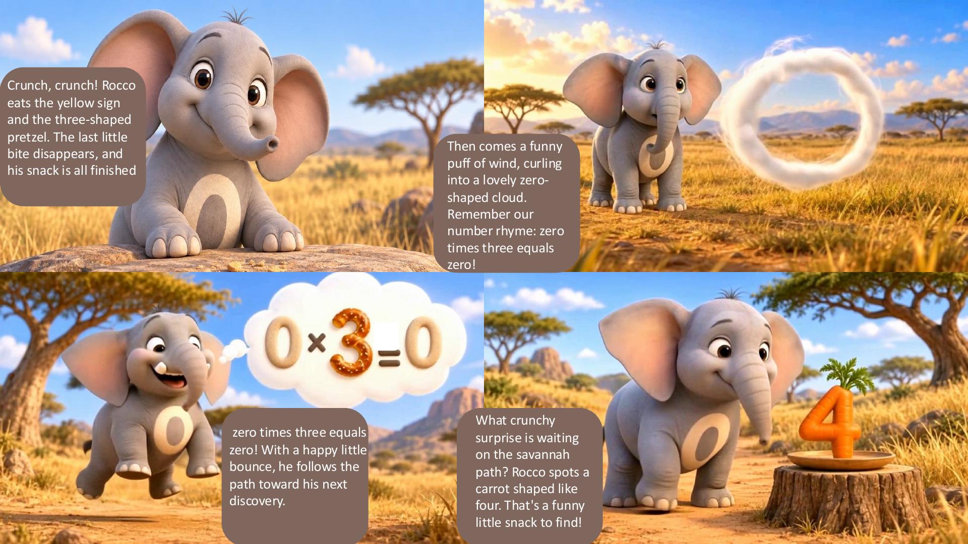 Page 4: Rocco eats the three-shaped pretzel and learns that zero times three equals zero.