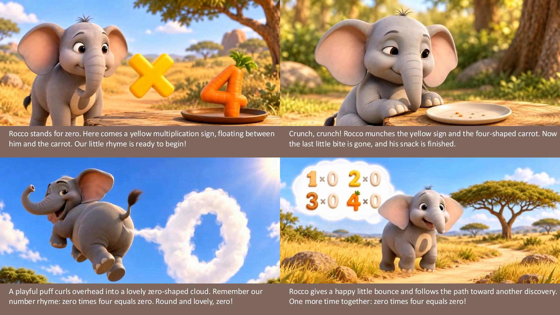 Page 5: Rocco finds a carrot shaped like four and learns that zero times four equals zero.