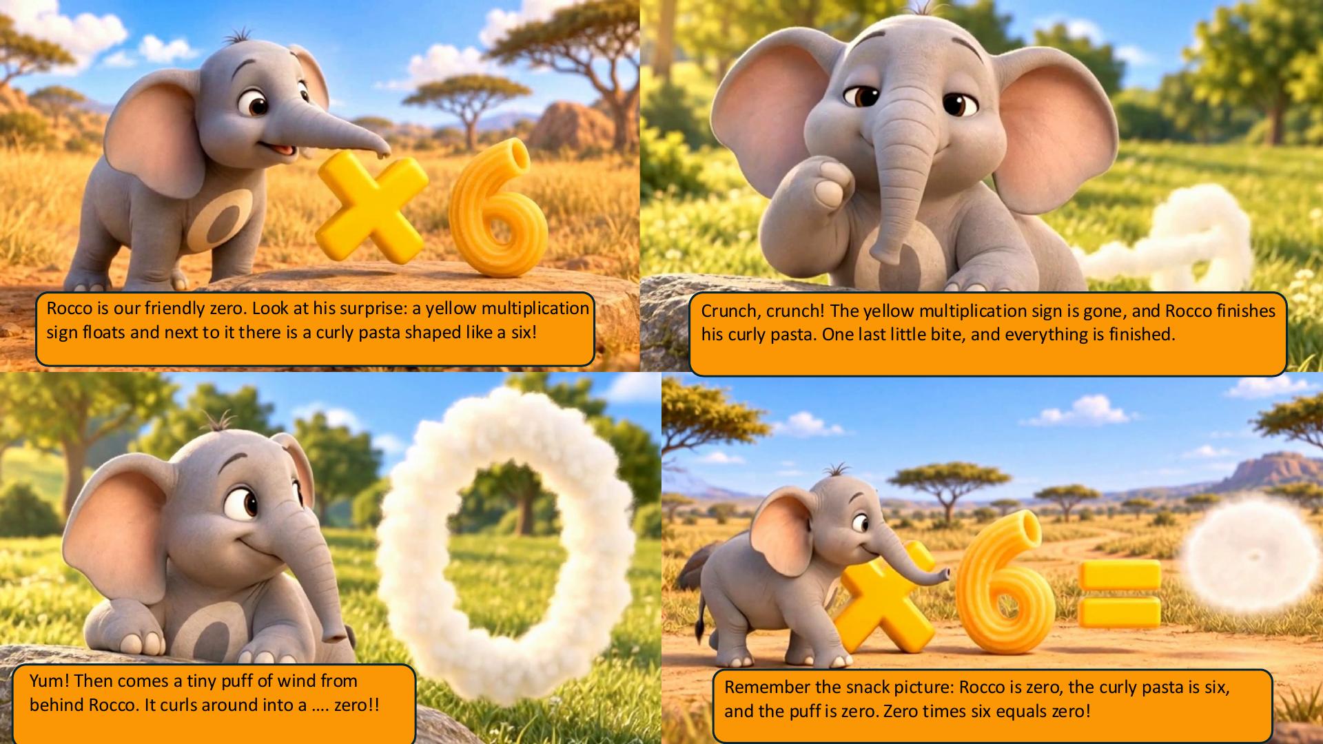 Page 7: Rocco finds curly pasta shaped like six and learns that zero times six equals zero.