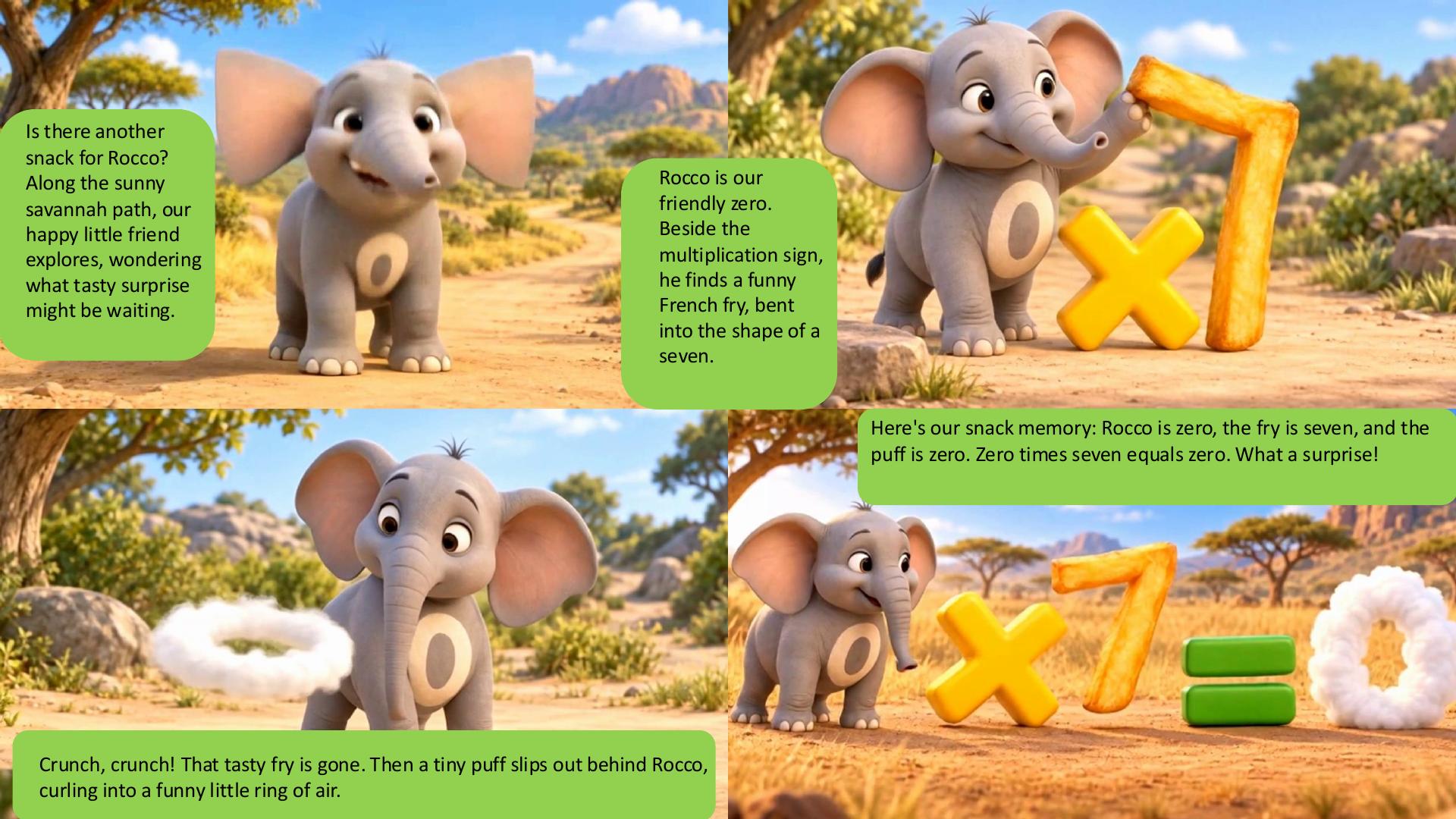 Page 8: Rocco finds a French fry shaped like seven and learns that zero times seven equals zero.