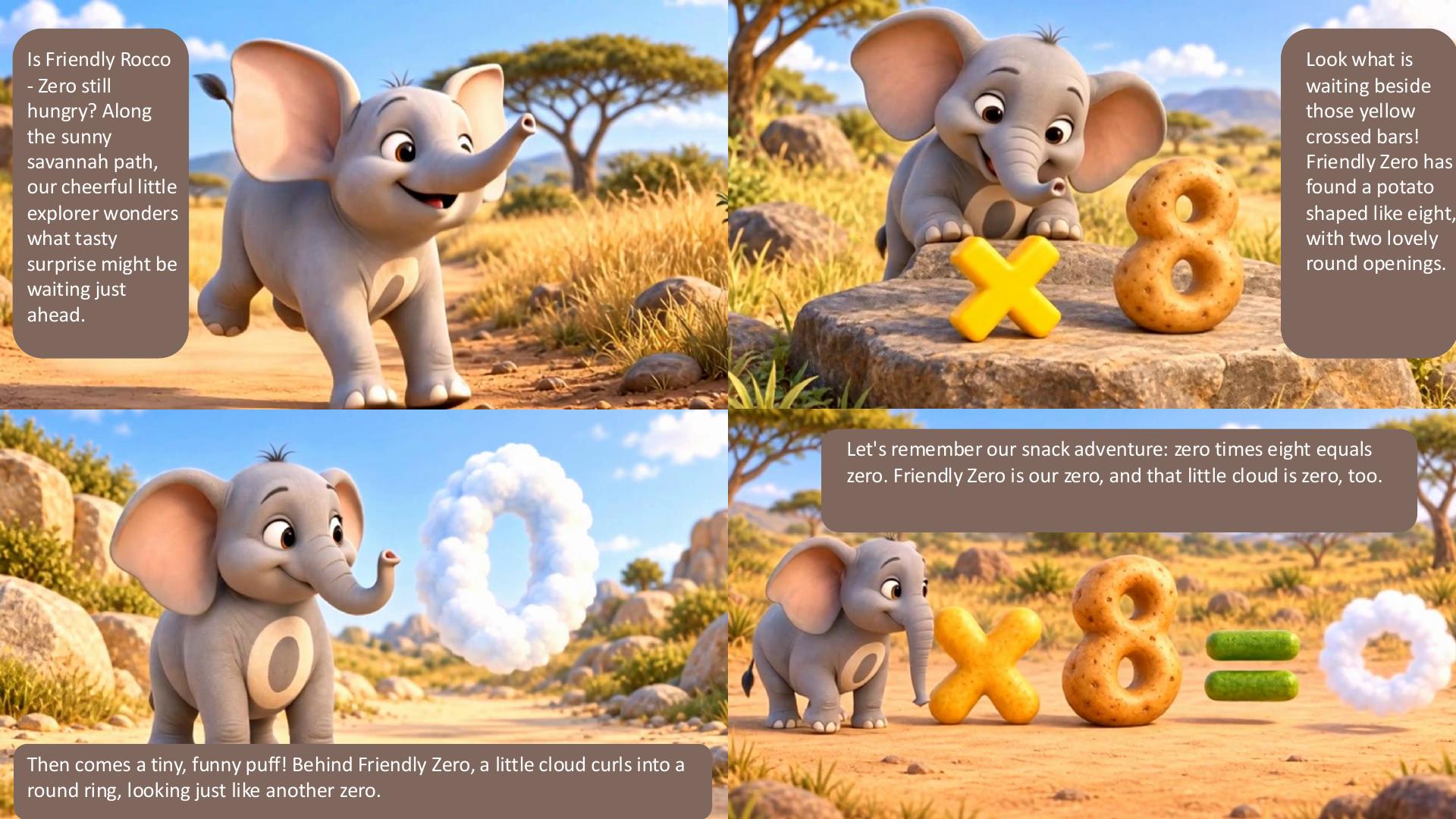Page 9: Rocco finds a potato shaped like eight and learns that zero times eight equals zero.