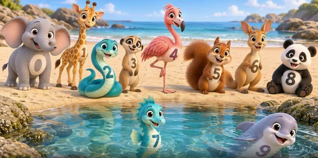 Nine friendly animal characters with the numbers zero to nine, pictured together on a beach.